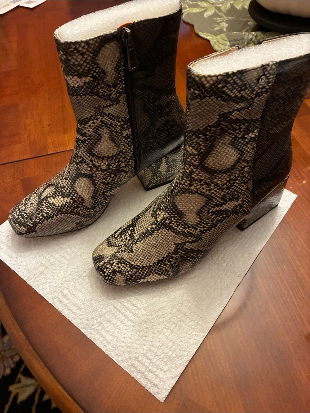 French Connection Snake-Print Block Heel Boots in Beige and Black. Size 6.5. NWT